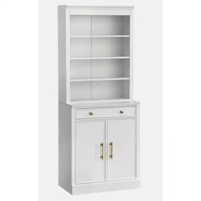 Lifestorey 2pc Monza Modular Cabinet and Hutch with Faux Marble Top White: Farmhouse Style, Faux Marble Top, Adjustable Shelves