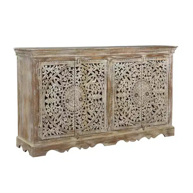 Carved Wooden 4 Door Sideboard Brown - Timbergirl: Rustic Storage Cabinet, No Assembly Required