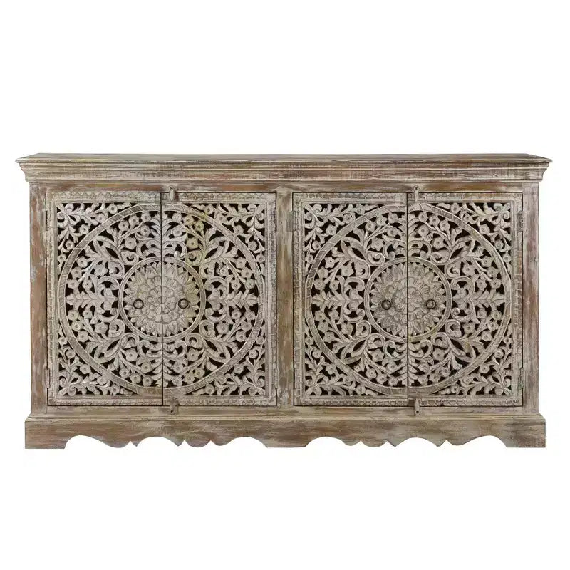Buffet en bois sculpté à 4 portes marron - Timbergirl : Meuble de rangement rustique, Aucun assemblage requis