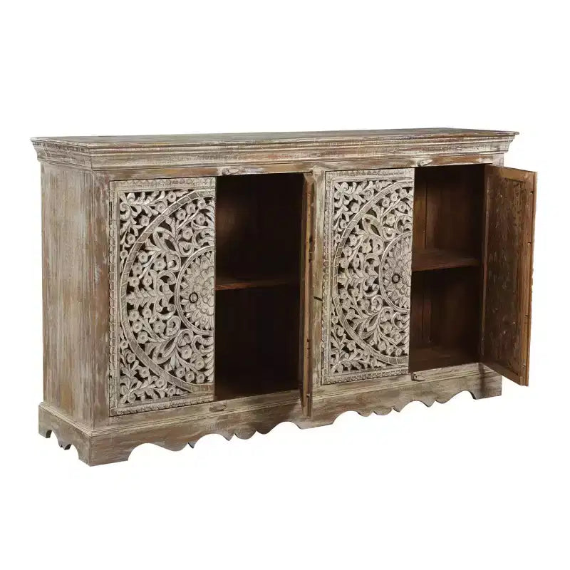 Buffet en bois sculpté à 4 portes marron - Timbergirl : Meuble de rangement rustique, Aucun assemblage requis