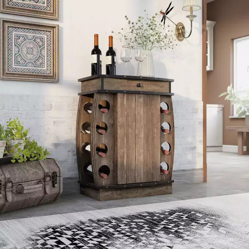24/7 Shop At Home Mini Bar Bundti con Portabottiglie da 8 Slot in Rovere Recuperato: Ripiano Regolabile, Mobile Contenitore in MDF