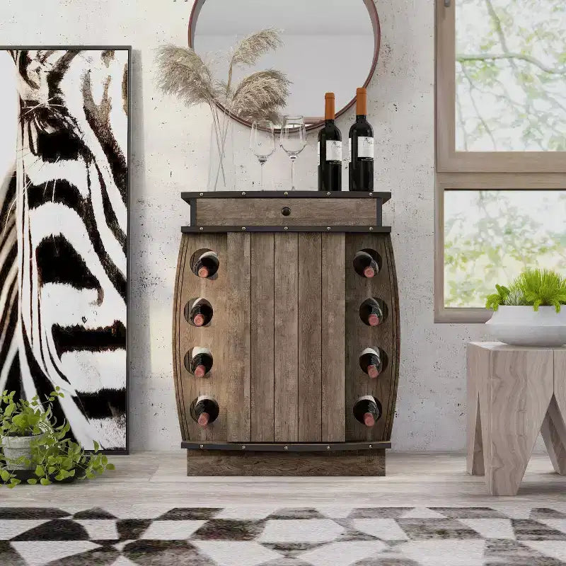 24/7 Shop At Home Mini Bar Bundti con Portabottiglie da 8 Slot in Rovere Recuperato: Ripiano Regolabile, Mobile Contenitore in MDF