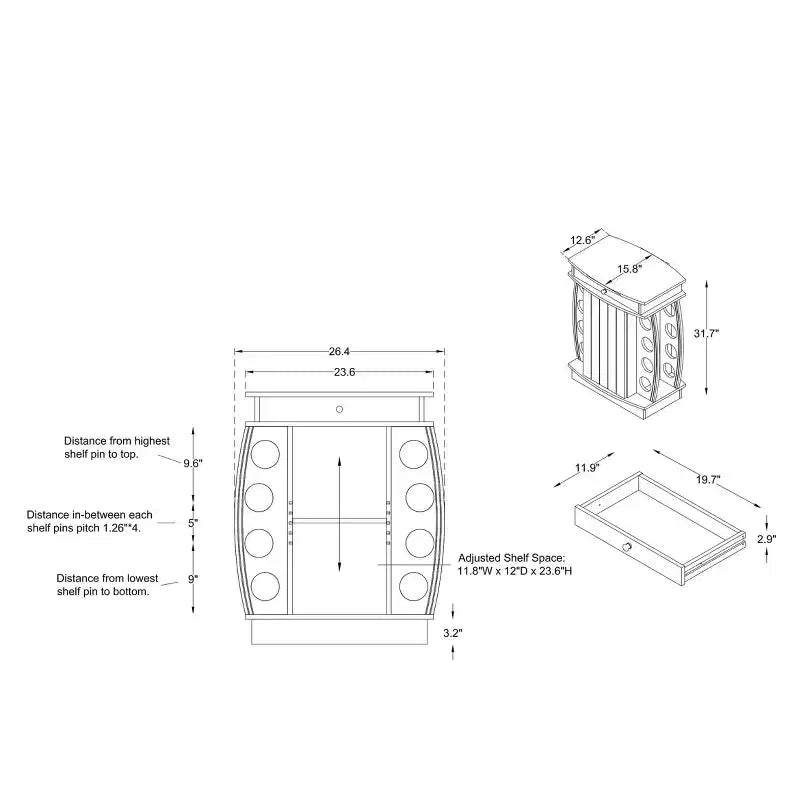 24/7 Shop At Home Mini Bar Bundti con Portabottiglie da 8 Slot in Rovere Recuperato: Ripiano Regolabile, Mobile Contenitore in MDF