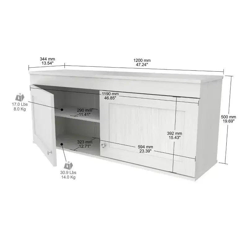 Buffet mural à 2 portes blanc - Inval : Style transitionnel, étagères réglables, finition mélaminée