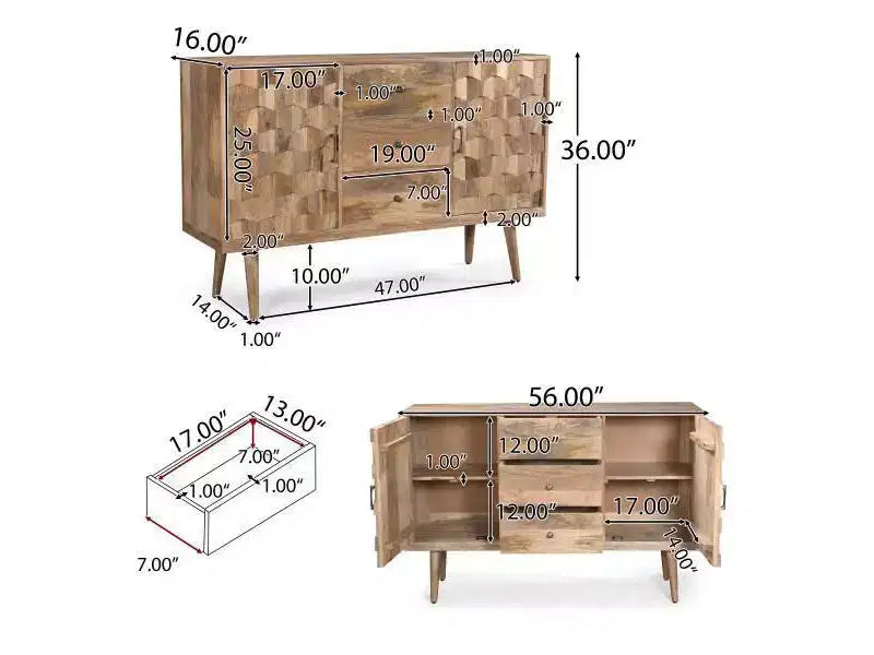 Christopher Knight Home Credenza moderna Latimer Mid-Century a 3 cassetti naturale: Tavolo buffet in legno di mango, 2 ante