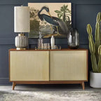 Lifestorey Madia Flory con Ante Scorrevoli Noce: Credenza Soggiorno Stile Mid-Century Moderno, Ripiani Regolabili