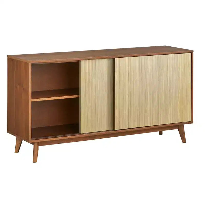 Lifestorey Madia Flory con Ante Scorrevoli Noce: Credenza Soggiorno Stile Mid-Century Moderno, Ripiani Regolabili