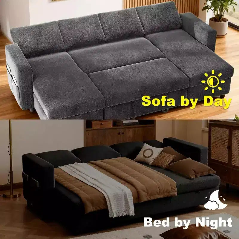 Dyonery Canapé-lit escamotable à quatre places de 267 cm avec rangement, poches latérales, dossier réglable, convertible