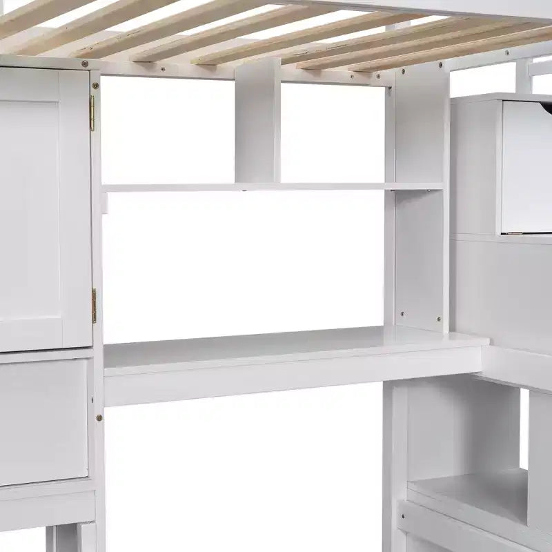 Lit superposé double en bois avec bureau et escalier, lit mezzanine double en L avec rangements et étagères