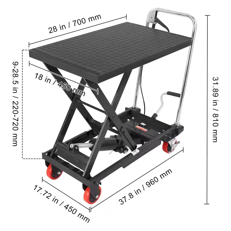 Table élévatrice hydraulique à chariot, capacité de 227 kg, hauteur de levage de 72,4 cm, table élévatrice manuelle à ciseaux simples avec 4 roues et patin antidérapant