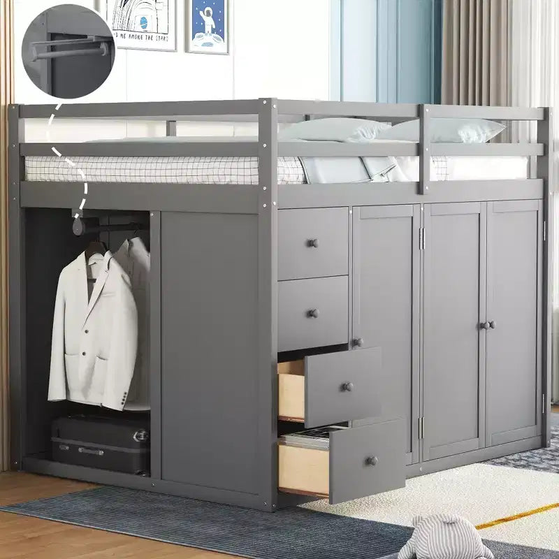 Letto a soppalco intero in pile orsetto con mensola portaoggetti e cassetti, letto a soppalco alto in legno con scrivania versatile per camera da letto