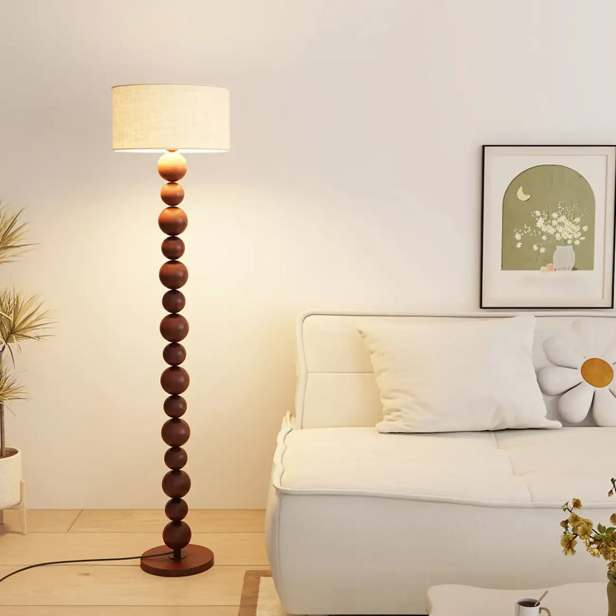 Lampadaire moderne décoratif à boules superposées avec abat-jour en tissu