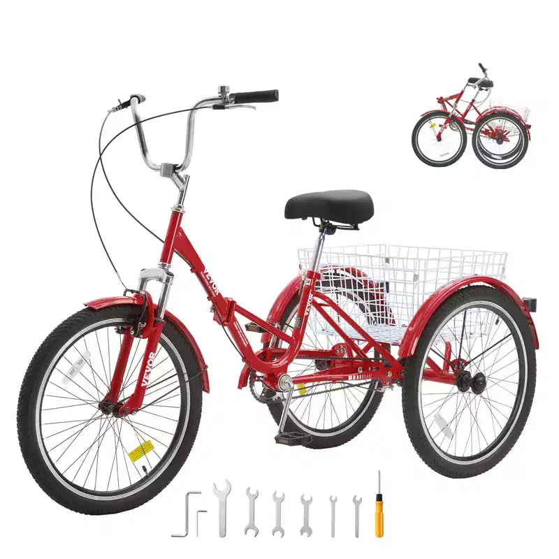Triciclo pieghevole per adulti VEVOR, triciclo pieghevole da 24 pollici per adulti, bici da crociera a 3 ruote in acciaio al carbonio con cestino grande e sedile regolabile