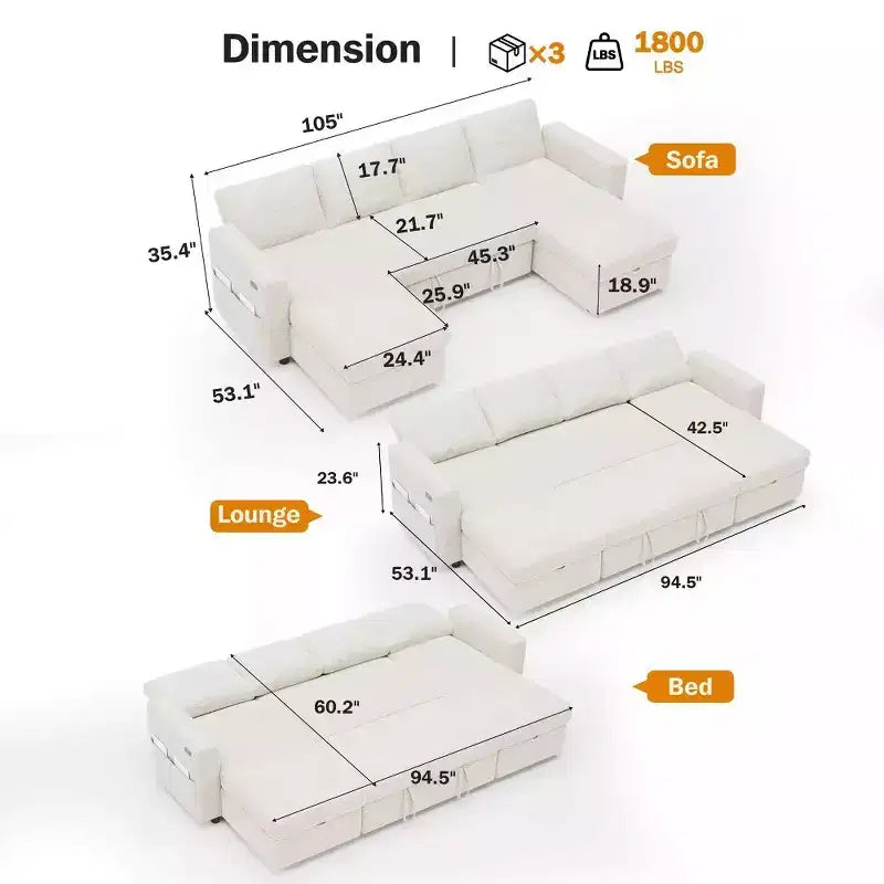 Dyonery Canapé-lit escamotable à quatre places de 267 cm avec rangement, poches latérales, dossier réglable, convertible