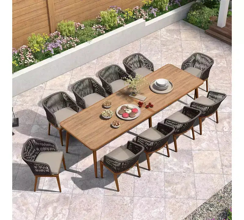Set da pranzo da esterno PURPLE LEAF in vimini resistente alle intemperie, mobili da esterno con tavolo e struttura interamente in alluminio per prato, giardino, cortile e ponte, con cuscini