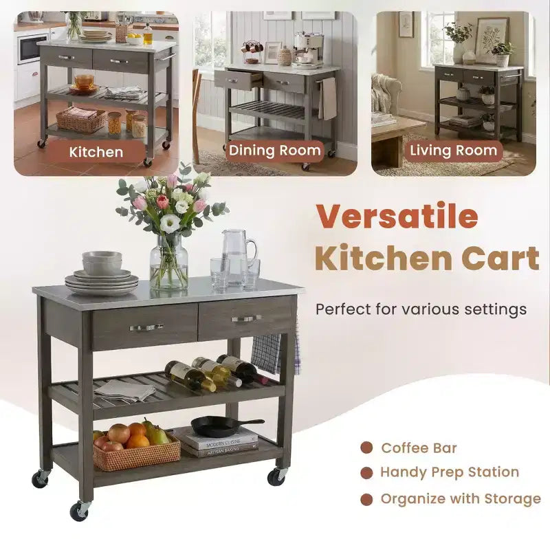 Carrello da Cucina su Ruote con Piano in Marmo, Isola da Cucina in Legno Massello con 2 Cassetti, Carrello da Cucina a 3 Livelli con Ruote Staccabili Bloccabili e Portasciugamani
