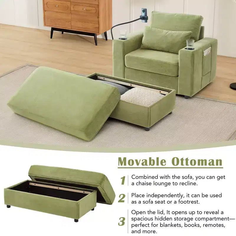 Divano letto Chaise Lounge con pouf contenitore mobile, seduta profonda