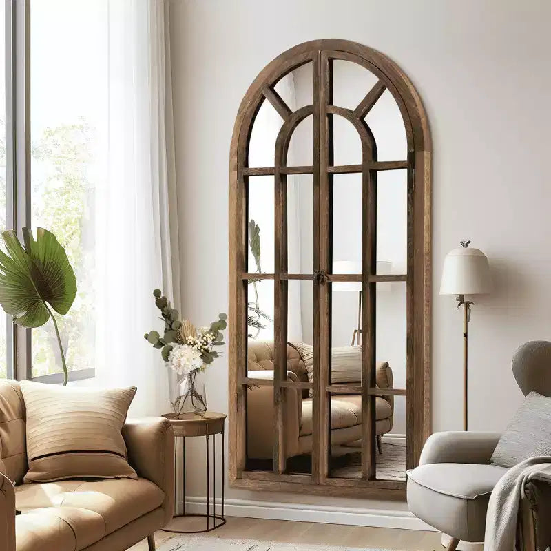 Miroir mural pleine longueur, design cintrée à grille en bois massif, ouvrable, sans support