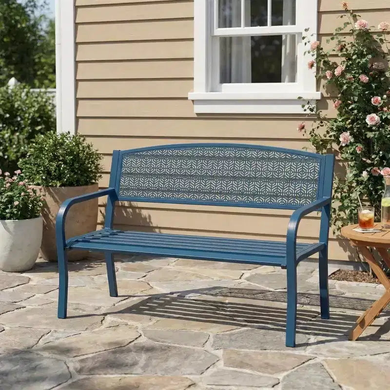 Panca in metallo per esterni a 2 posti per giardino, mobile con panchine in acciaio con schienale geometrico per patio, giardino e portico