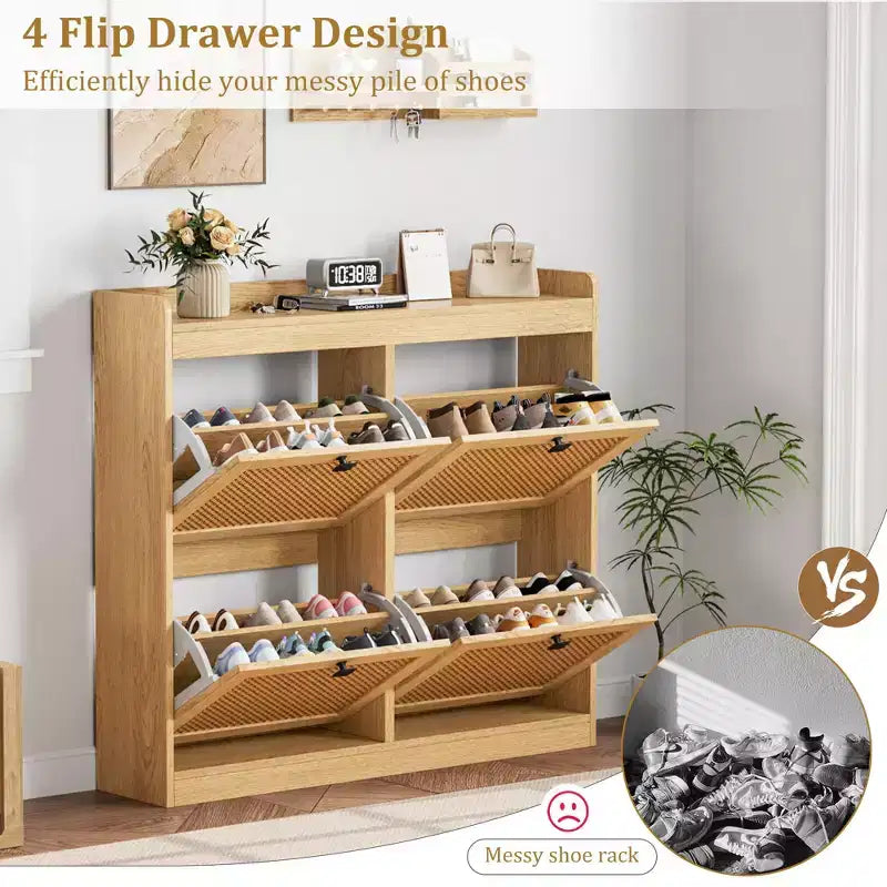 Scarpiera con 4 cassetti a ribalta, scarpiera in legno con ante in rattan e ripiani regolabili - Organizer per scarpe indipendente