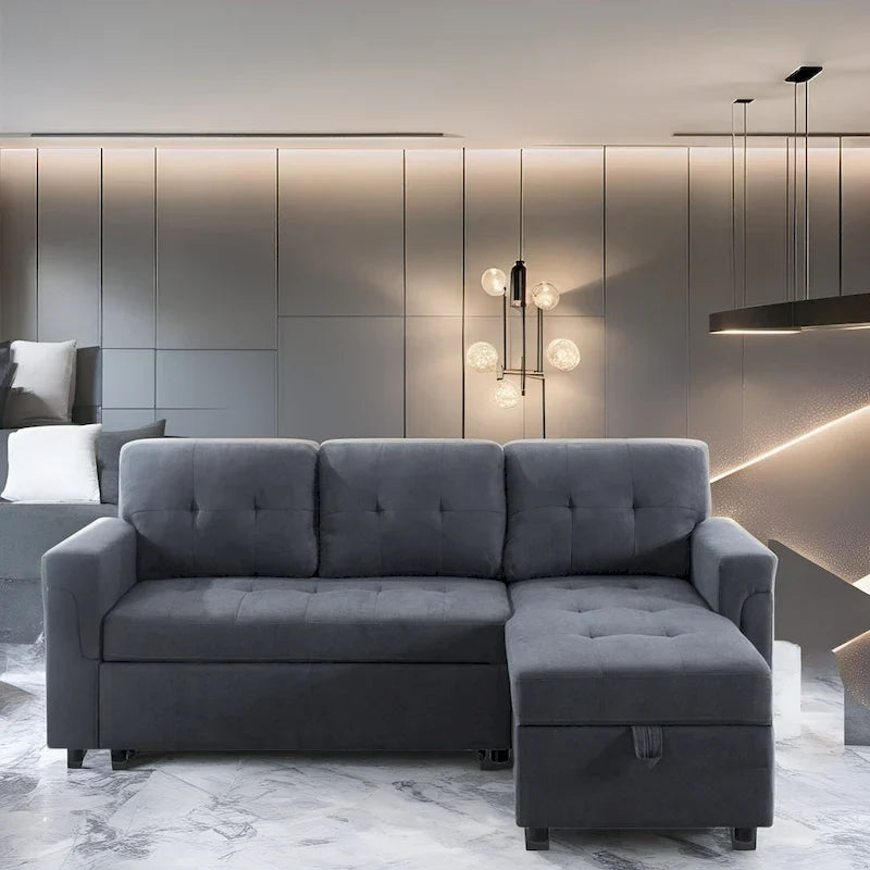 Divano sezionale reversibile con letto estraibile, chaise longue con contenitore nascosto, gambe durevoli,