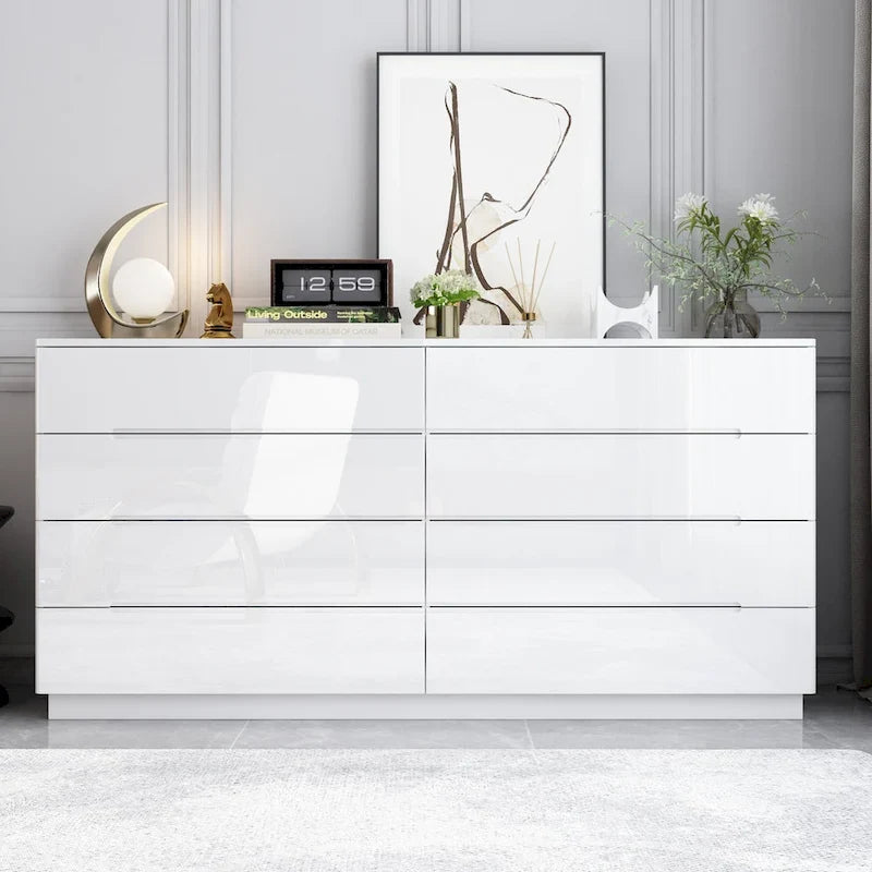 Comò lucido 63" con luce, con 8 cassetti e ampio piano d'appoggio
