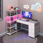 Scrivania per computer a L da 47" con 6 cassetti e mensole a 5 ripiani, scrivania angolare reversibile da gaming con luci LED e prese di corrente