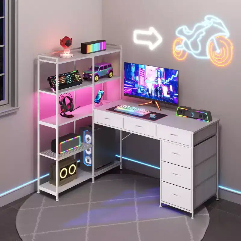 Scrivania per computer a L da 47" con 6 cassetti e mensole a 5 ripiani, scrivania angolare reversibile da gaming con luci LED e prese di corrente