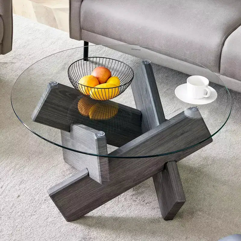 Table basse circulaire moderne en verre Okak, petite table à thé au design distinctif avec pieds en bois pour salon, réception, bureau, fermes