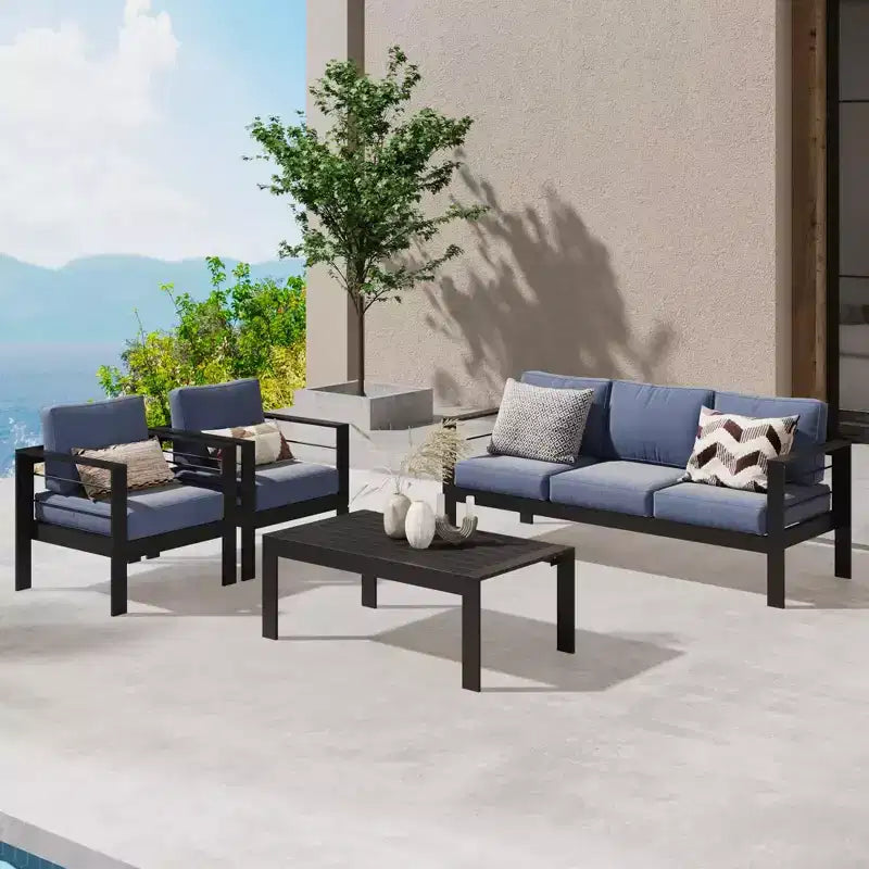Set di mobili da giardino Heynemo in alluminio, set da salotto moderno da 4 pezzi con divano componibile e cuscini e tavolino da caffè per balcone