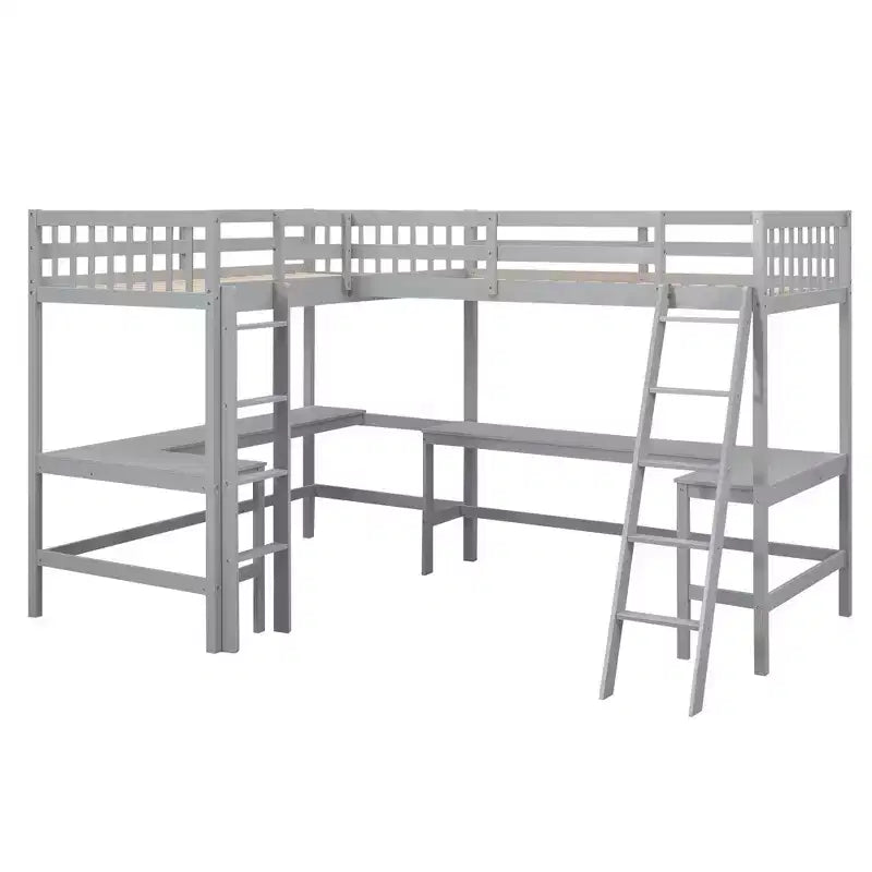 Letto a soppalco a L matrimoniale in legno da 119''L 79.5''W con scaletta e 2 scrivanie a L integrate