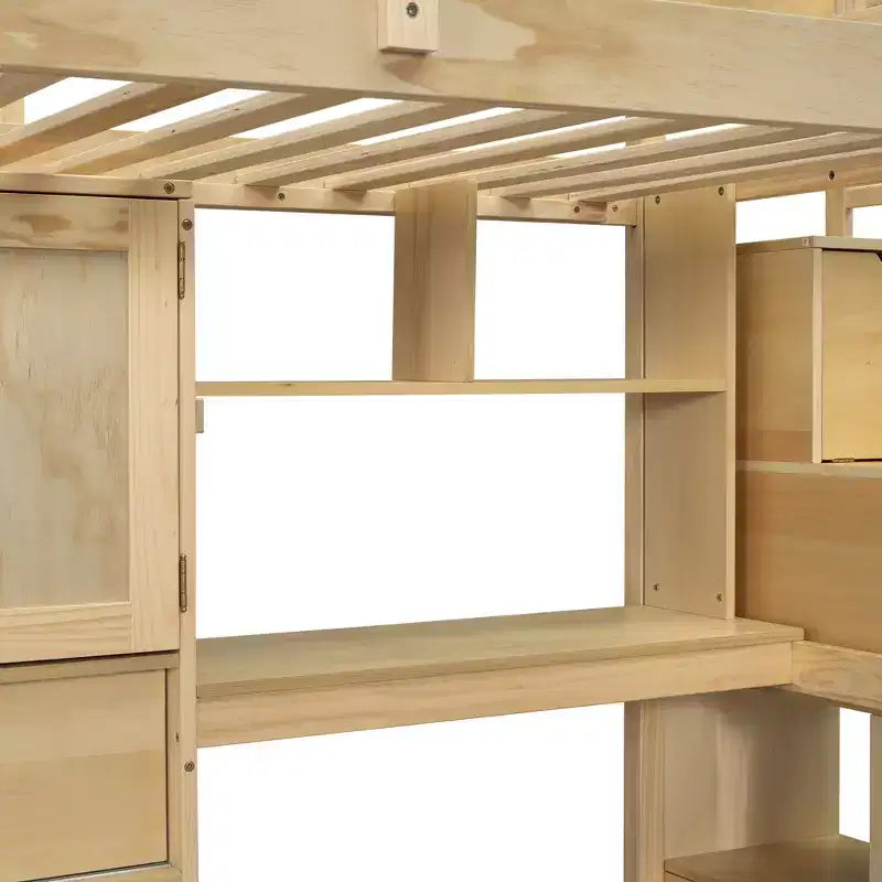 Lit superposé double en bois avec bureau et escalier, lit mezzanine double en L avec rangements et étagères