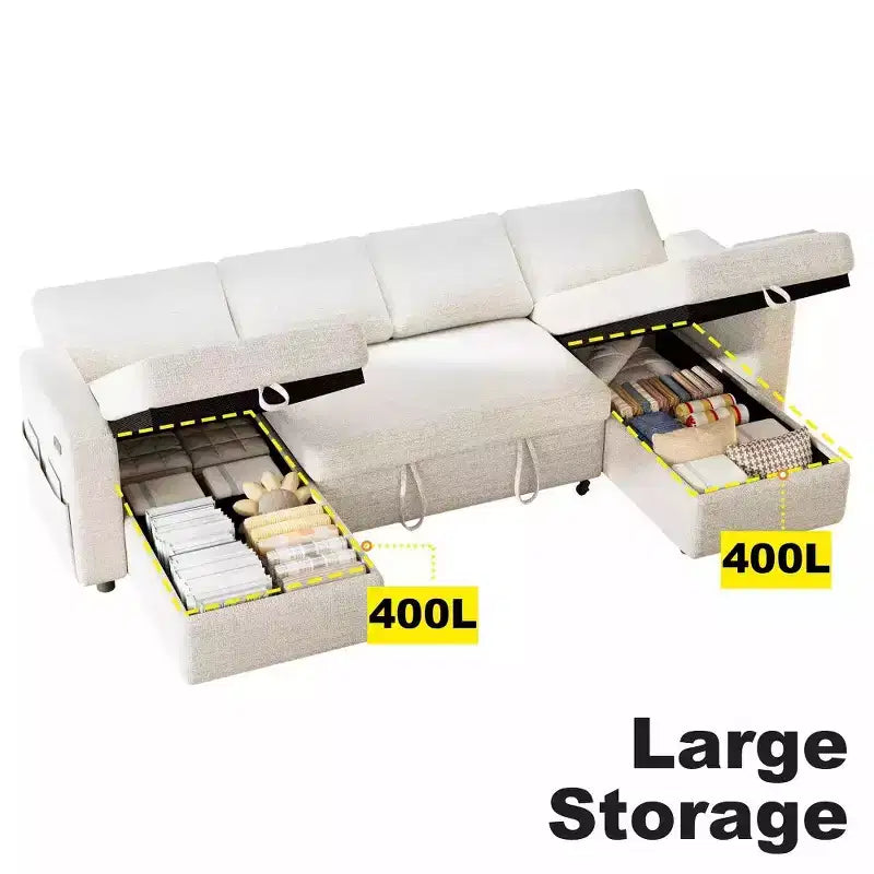 Divano letto estraibile a quattro posti Dyonery da 105 pollici con contenitore, tasche laterali, schienale regolabile, convertibile