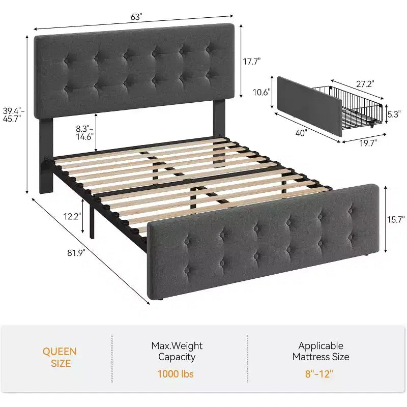 Lit coffre avec 4 tiroirs et tête de lit réglable - Lit plateforme rembourré