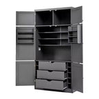 Dispensa Alta da Cucina con Prese di Corrente, Grande Credenza Autoportante con Supporto per Microonde, Cassetti, Scaffali, Portabottiglie e Ante con Ripiani