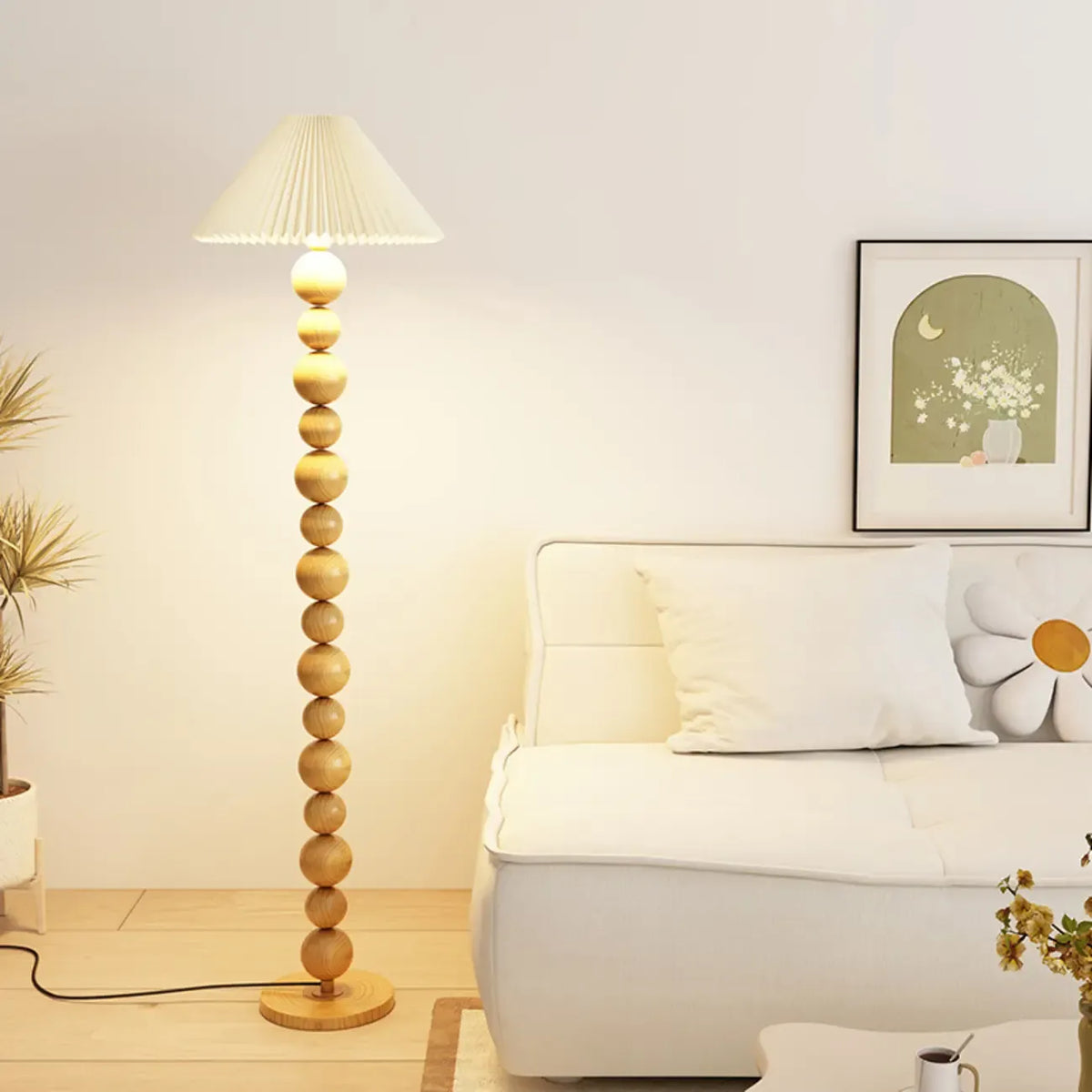 Lampadaire moderne décoratif à boules superposées avec abat-jour en tissu
