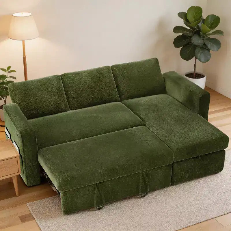 Dyonery Divano Letto Angolare 81, Divano Estraibile a L con Chaise Longue Reversibile con Contenitore, USB, Schienale Reclinabile