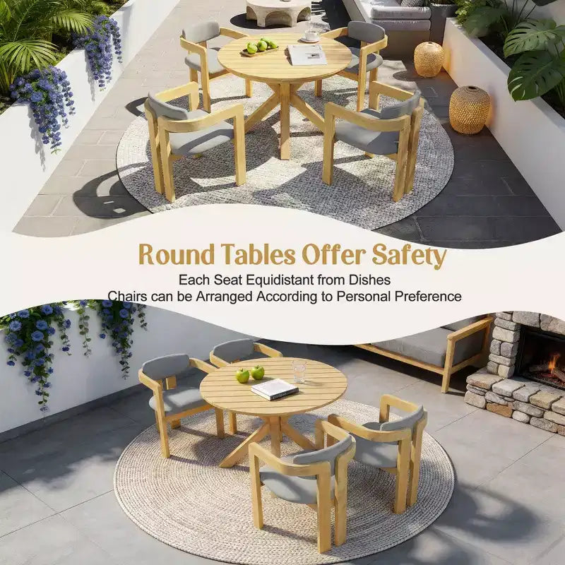 ModernLuxe Set da pranzo rotondo da esterno a 5 pezzi in legno di acacia, tavolo da 47" con 4 sedie a barilotto imbottite per giardino/patio/cortile