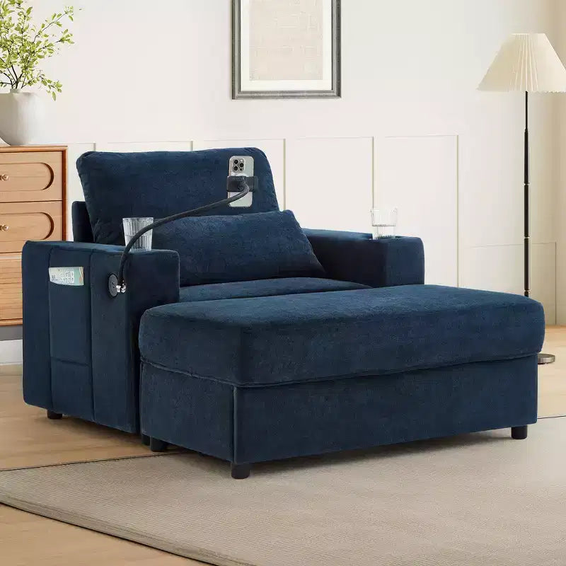 Chaise longue convertible avec pouf de rangement mobile, assise profonde