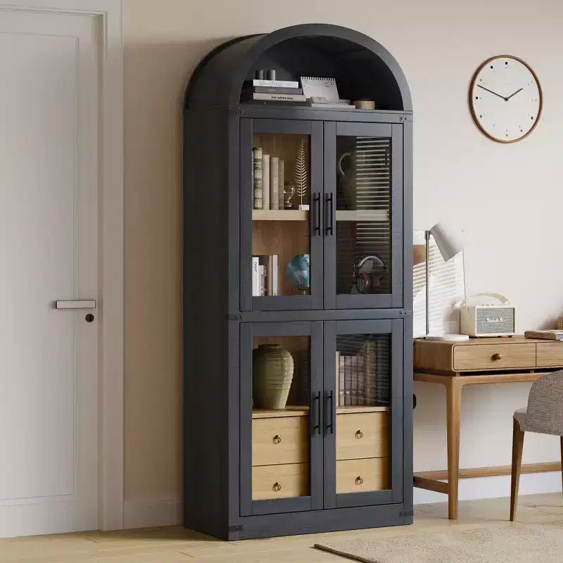 Libreria alta ad arco GustoWave 71.4 con 4 ante e 2 cassetti, armadietto espositivo profondo 15.8 con ripiani, scaffale in legno