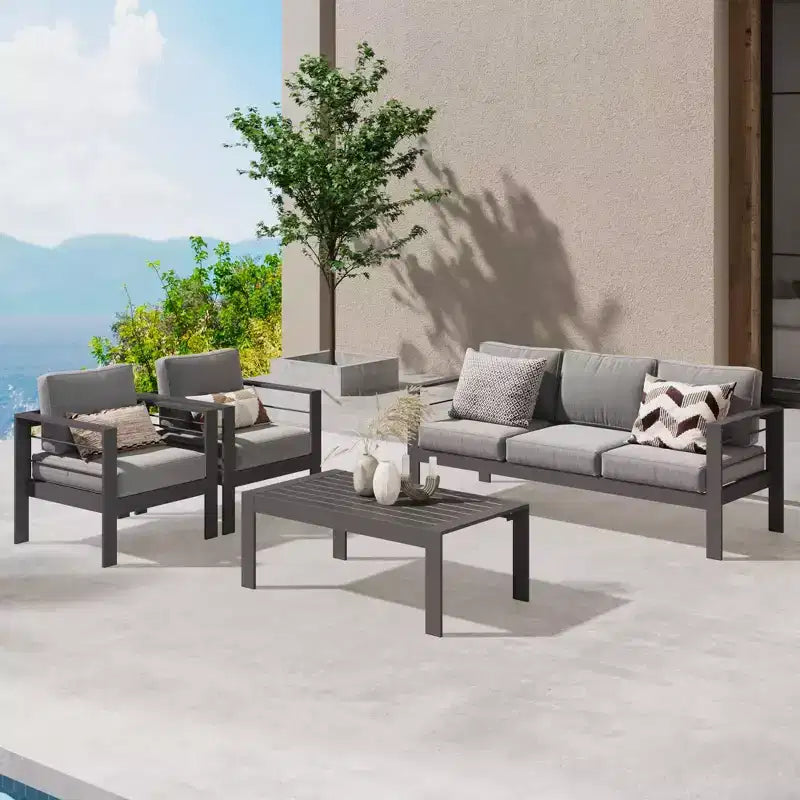 Set di mobili da giardino Heynemo in alluminio, set da salotto moderno da 4 pezzi con divano componibile e cuscini e tavolino da caffè per balcone