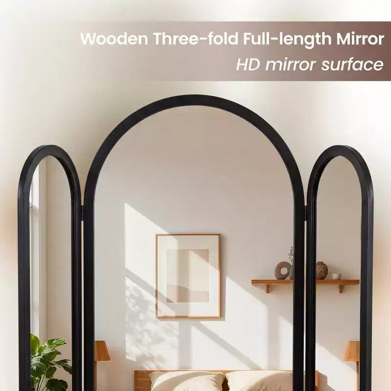 Dovelina 71H*66.5W Miroir pleine longueur triptyque sur pied en arche pour salon, salle à manger, entrée, chambre à coucher, cadre en métal/bois disponible