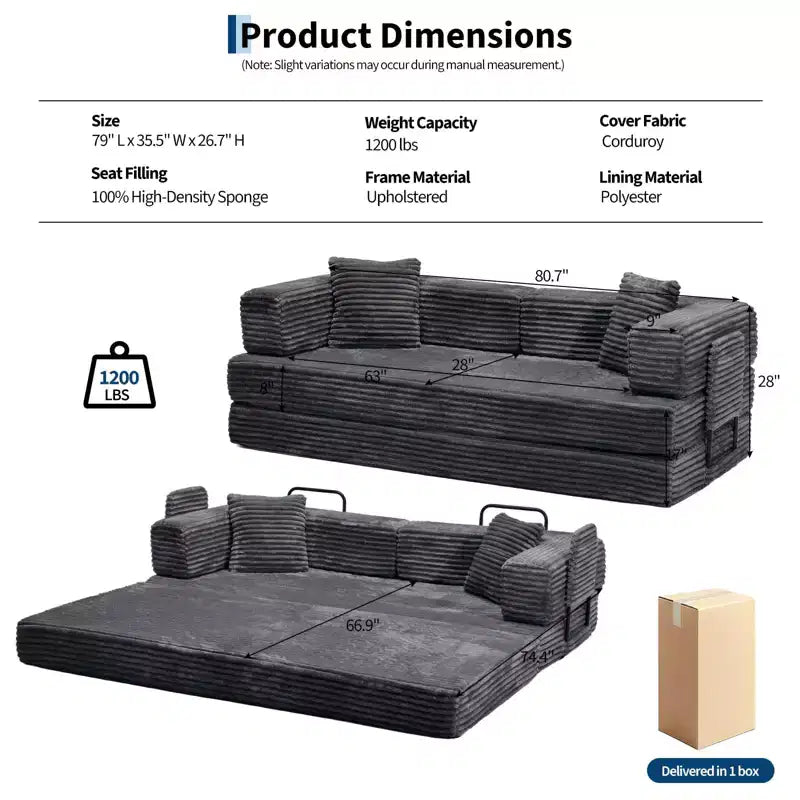 80,7 Divano letto trasformabile 5 in 1 – Velluto a coste, 544 kg, Nessun assemblaggio