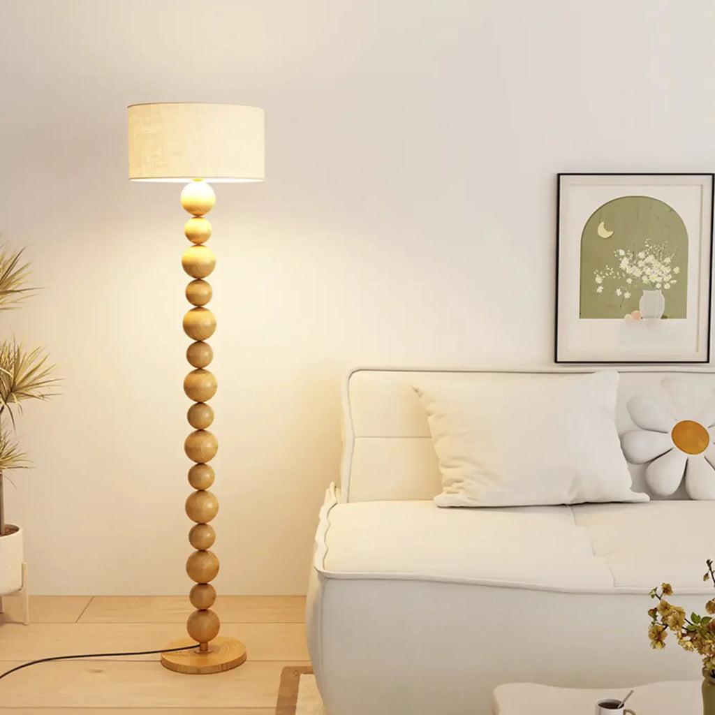 Lampadaire moderne décoratif à boules superposées avec abat-jour en tissu