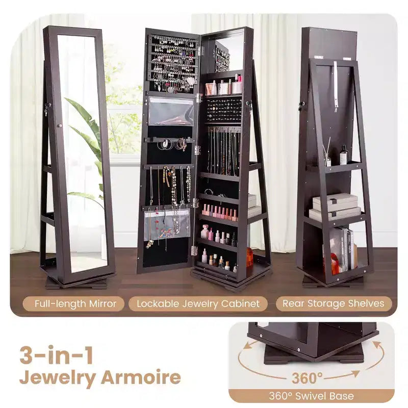 Costway Armoire à bijoux rotative à 360° 2-en-1 Organiseur miroir verrouillable Blanc/Noir/Marron foncé/Gris/Bleu/Rose/Violet/Gris foncé
