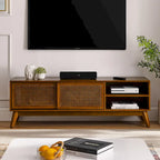 Mobile TV vintage in rattan con 2 armadietti e 4 gambe in legno per soggiorno, camera da letto e ufficio