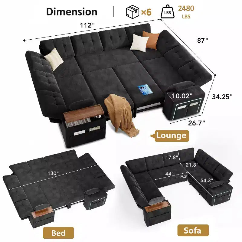 Divano letto componibile modulare Dyonery 112 con letto estraibile, divano componibile a U con contenitore, divani con seduta extra ampia e profonda per soggiorno