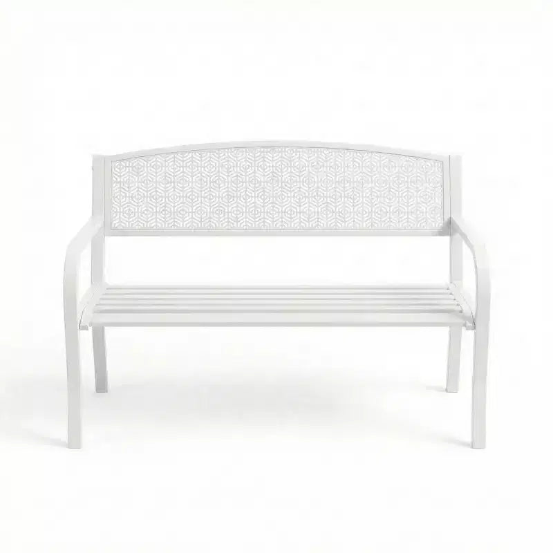 Panca in metallo per esterni a 2 posti per giardino, mobile con panchine in acciaio con schienale geometrico per patio, giardino e portico