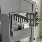 Lit superposé cabane jumeau sur jumeau avec toit, fenêtre, jardinière, porte, barrières de sécurité et échelle, gris