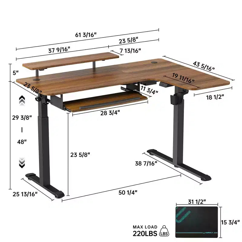 Bureau assis-debout en forme de L EUREKA ERGONOMIC 60x23 avec accessoires